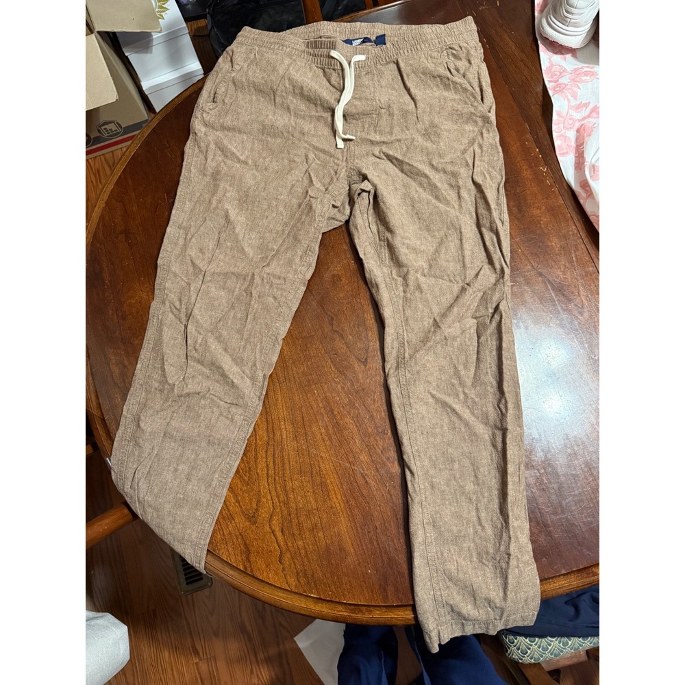 Lands End Mens Linen Cotton Blend Drawstring Pants Tan Khaki Size L 36-38